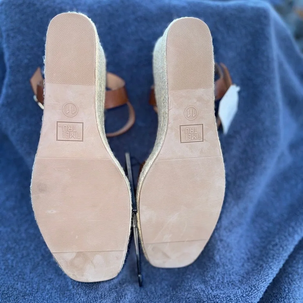 Time and Tru Women Cognac Brown Espadrille Wedge‎ Sandals Memory Foam 11